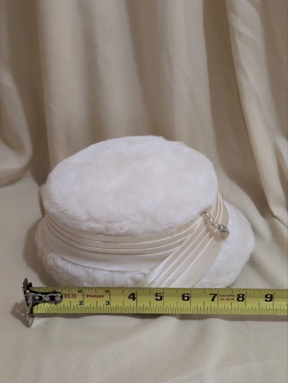 Vintage Cream Plush Bucket Hat with Satin Band and Pearl Detail